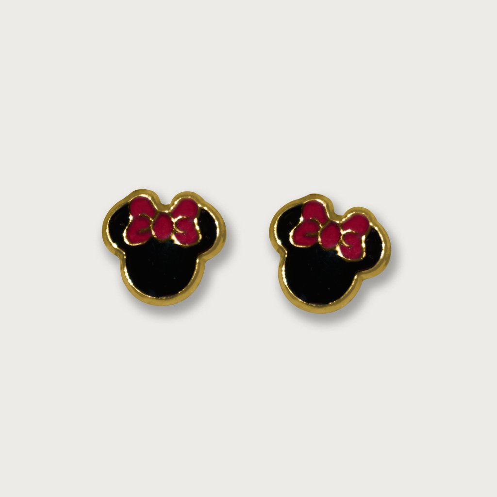 Broqueles de oro 10K con diseño de Minnie Mouse, un toque divertido y elegante con la imagen de Minnie y su lazo rojo.
