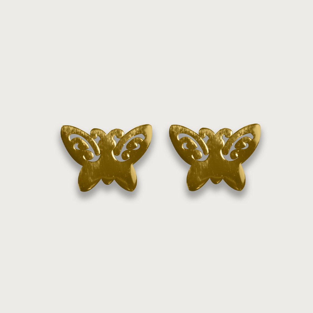 Aretes de chapa de oro 18K con diseño de mariposa, elegante y delicado, ideal para un estilo femenino y sofisticado.
