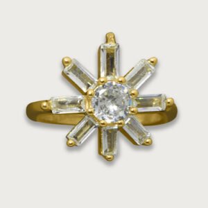 Anillo de chapa de oro 18K con diseño de estrella y piedras brillantes, una pieza elegante y llamativa que resalta con su brillo y sofisticación.