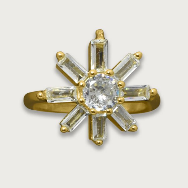 CH-10K-NO-AN-M-D-00-AR-008-01 Anillo de chapa de oro 18K con diseño de estrella y piedras brillantes, una pieza elegante y llamativa que resalta con su brillo y sofisticación.