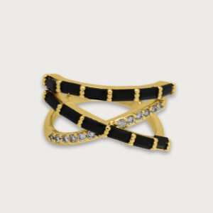 Anillo cruzado en negro y brillantes de chapa de oro 18K - Image 1