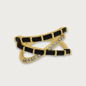 Anillo cruzado en negro y brillantes de chapa de oro 18K - Image 2