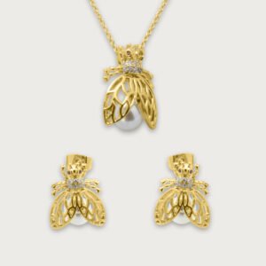 Set de cadena, aretes y dije de abejitas en chapa de oro de 18K - Image 1