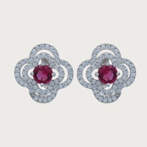 Aretes Florales con Circonia Roja de Plata Italiana 925 de Ley - Image 1