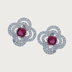 Aretes Florales con Circonia Roja de Plata Italiana 925 de Ley - Image 2